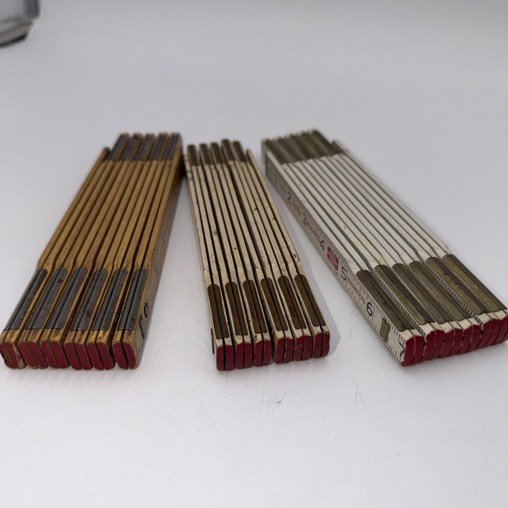 Vintage Lufkin Rulers Lot (3) Wood Folding Brass 6" Slide Out Extension Red End